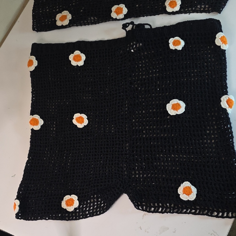 Nasty Gal Black Crochet Shorts with Daisy Details